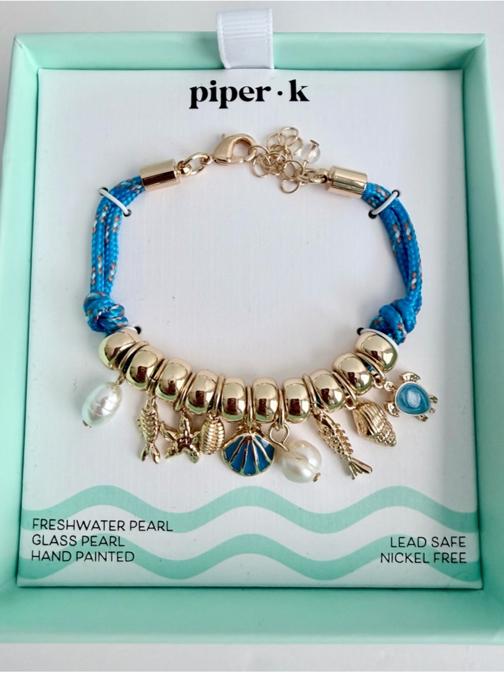 NIB Piper Gold Bead Bracelet with Blue Rope, Nautical Charms, pearls, sea turtle